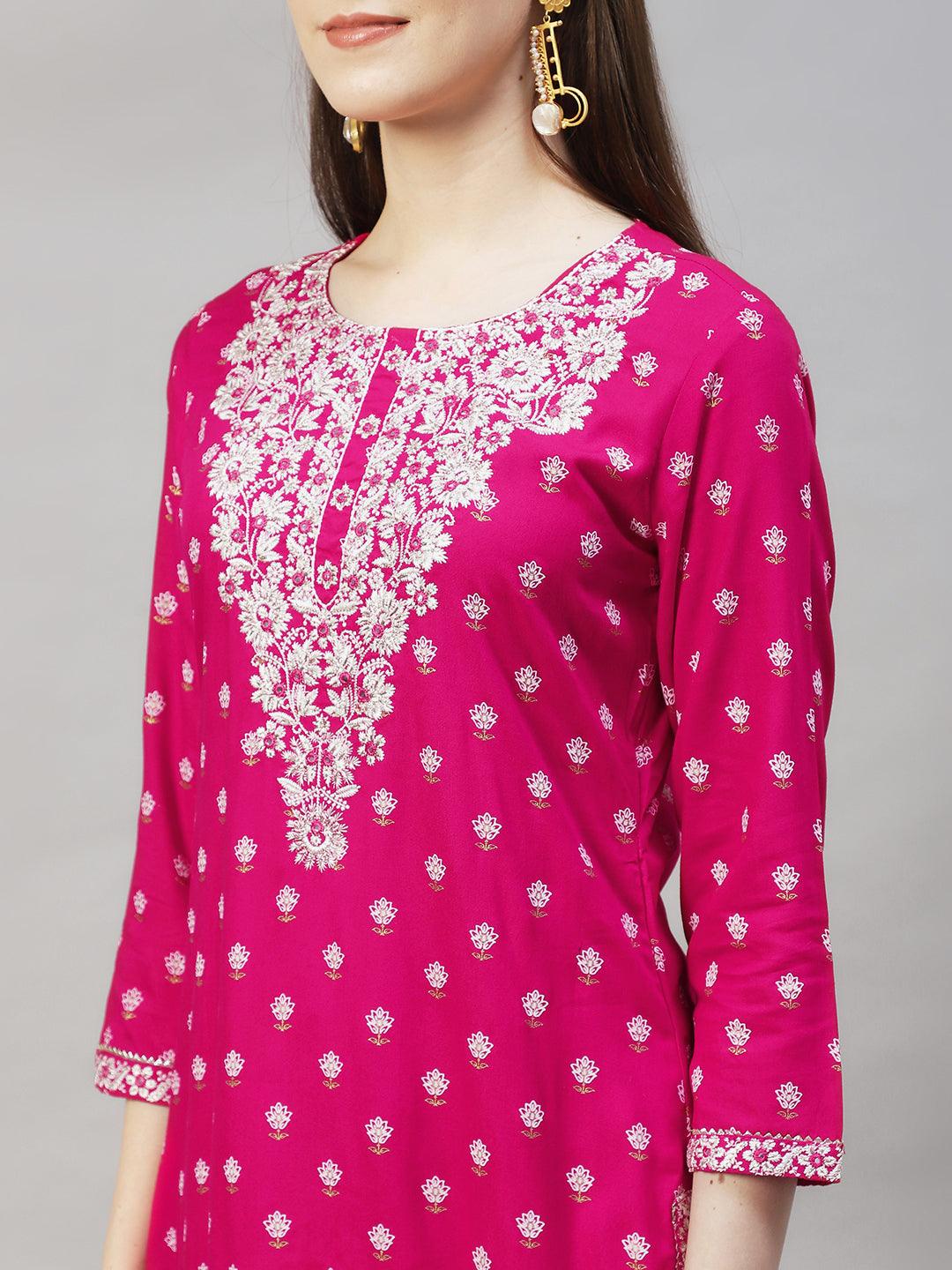 Floral Printed & Embroidered Straight Kurta with Pants & Dupatta - Rani Pink - Indiakreations