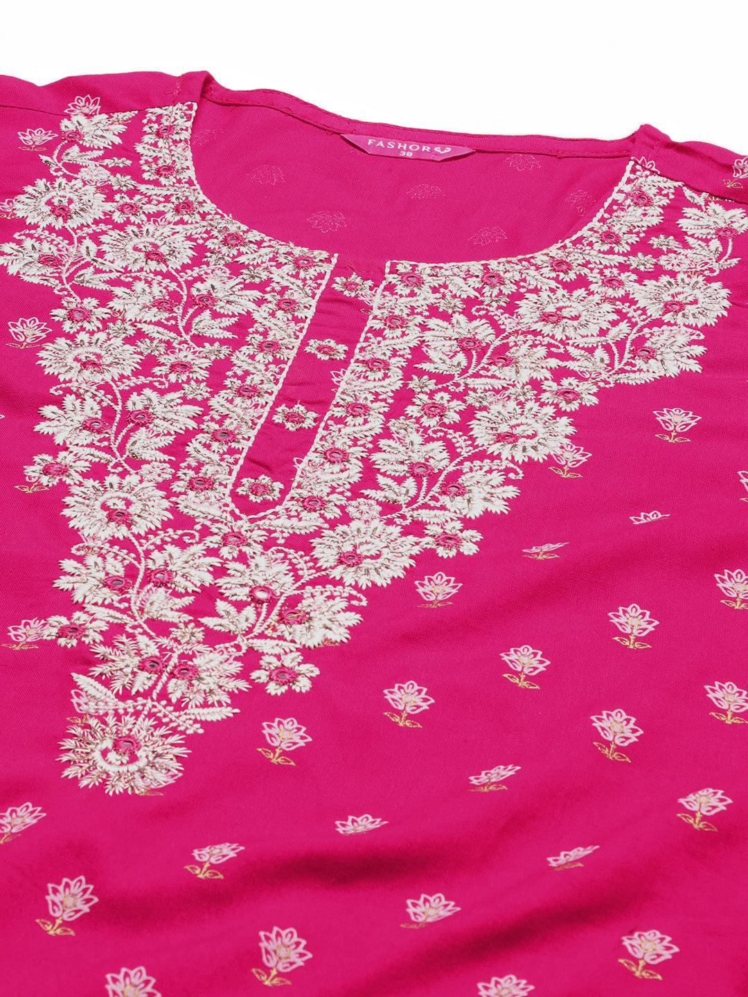 Floral Printed & Embroidered Straight Kurta with Pants & Dupatta - Rani Pink - Indiakreations