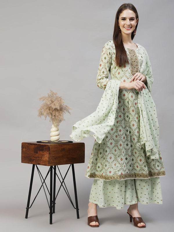 Floral Printed & Embroidered Anarkali Kurta with Sharara & Dupatta - Pastel Green - Indiakreations