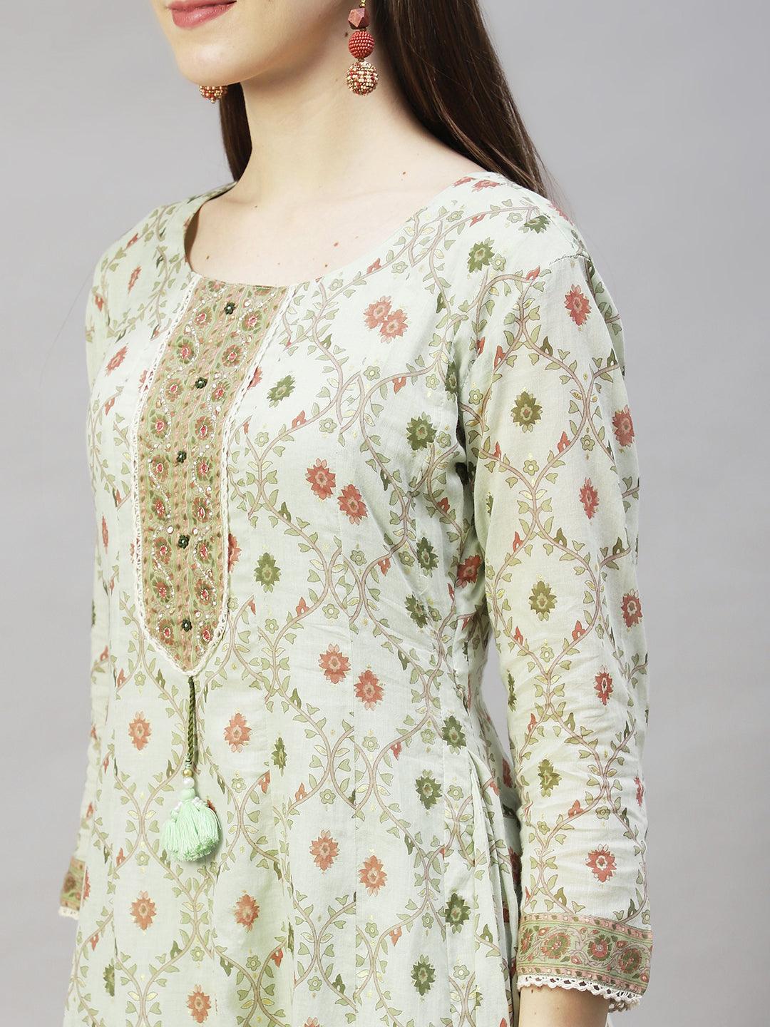 Floral Printed & Embroidered Anarkali Kurta with Sharara & Dupatta - Pastel Green - Indiakreations