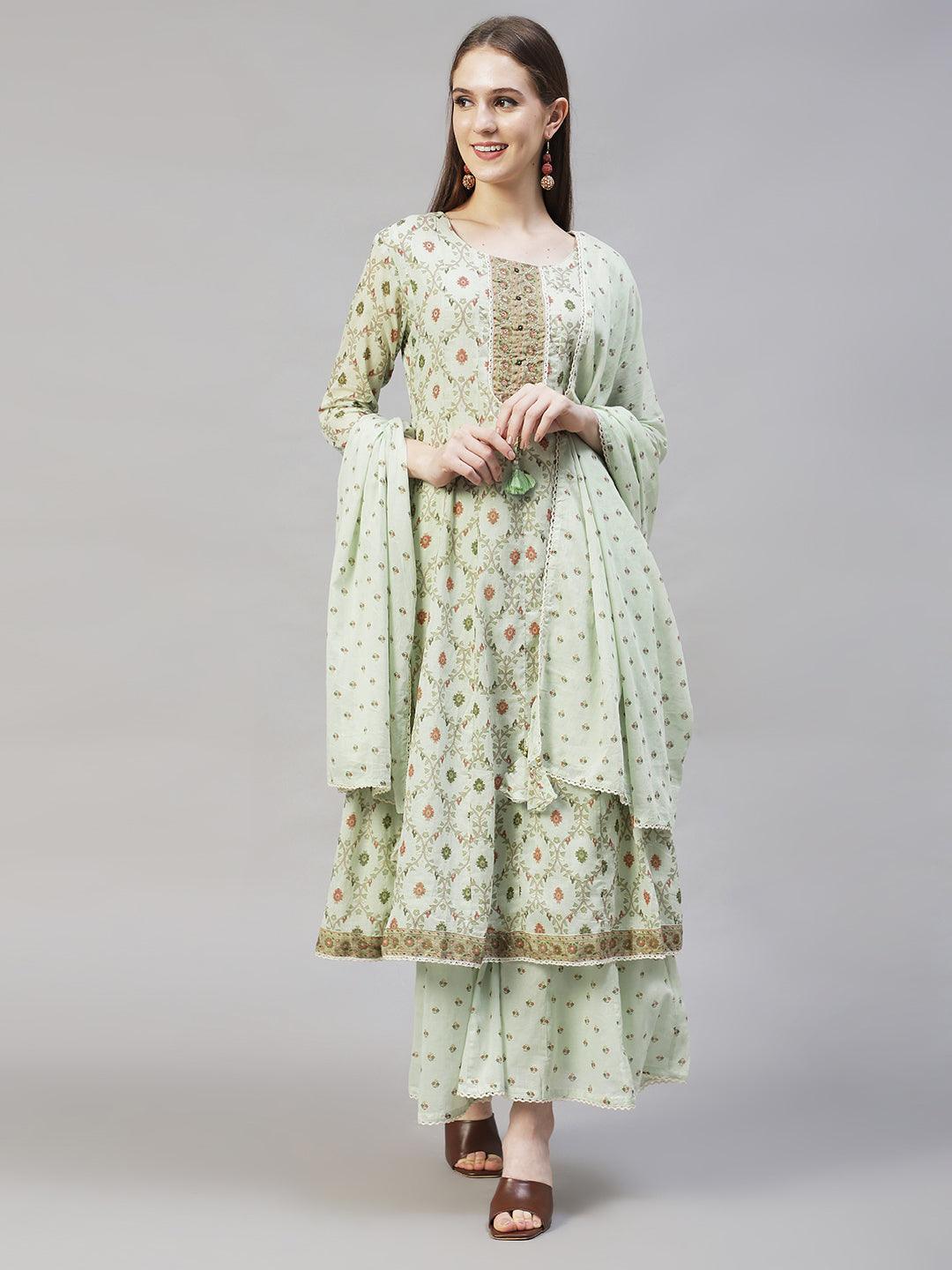 Floral Printed & Embroidered Anarkali Kurta with Sharara & Dupatta - Pastel Green - Indiakreations