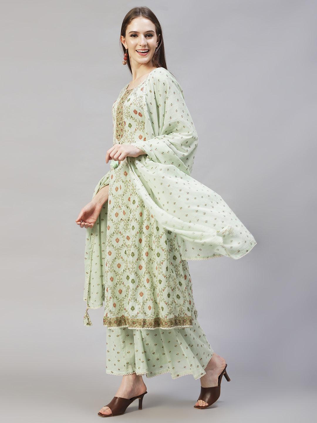 Floral Printed & Embroidered Anarkali Kurta with Sharara & Dupatta - Pastel Green - Indiakreations