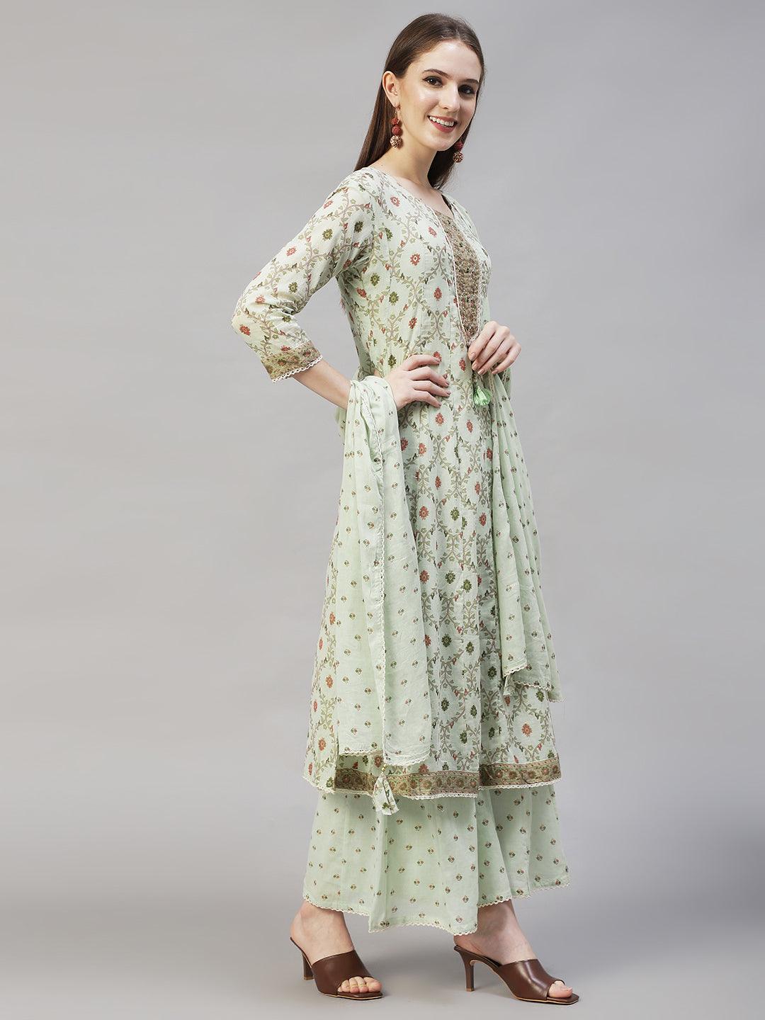 Floral Printed & Embroidered Anarkali Kurta with Sharara & Dupatta - Pastel Green - Indiakreations