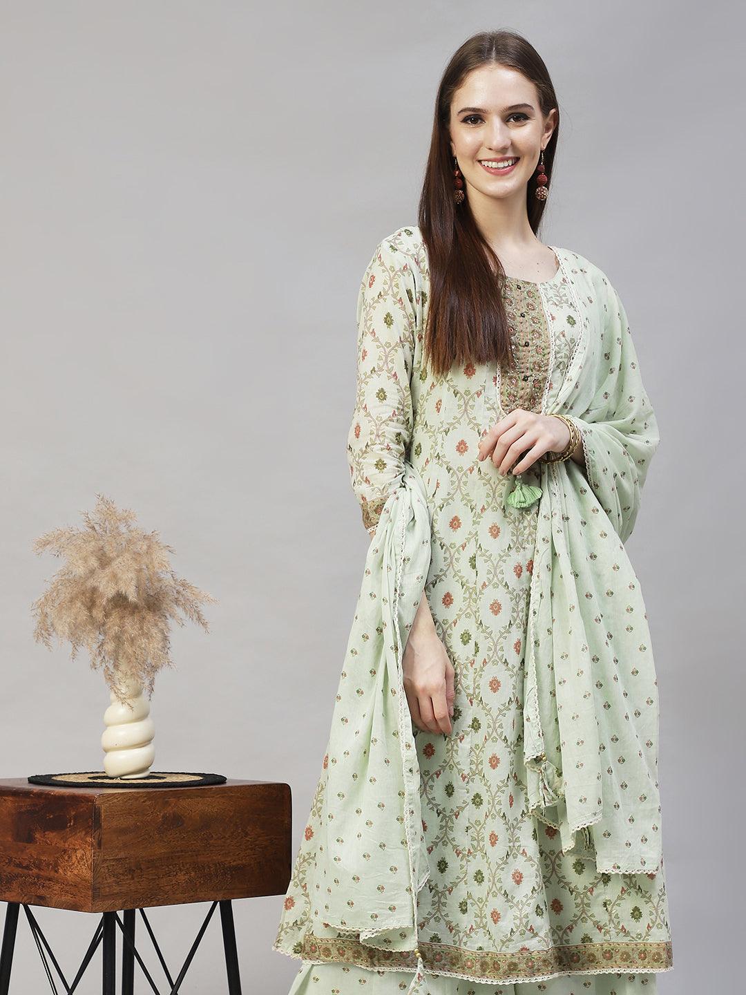 Floral Printed & Embroidered Anarkali Kurta with Sharara & Dupatta - Pastel Green - Indiakreations