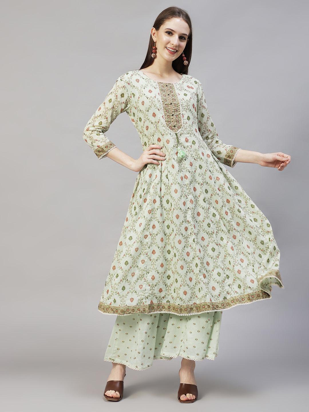 Floral Printed & Embroidered Anarkali Kurta with Sharara & Dupatta - Pastel Green - Indiakreations