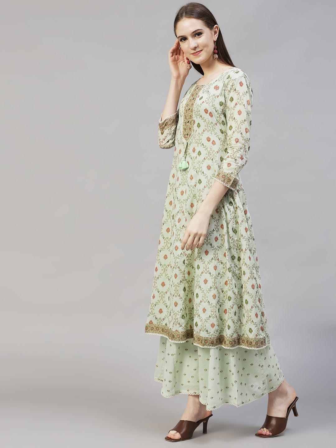 Floral Printed & Embroidered Anarkali Kurta with Sharara & Dupatta - Pastel Green - Indiakreations