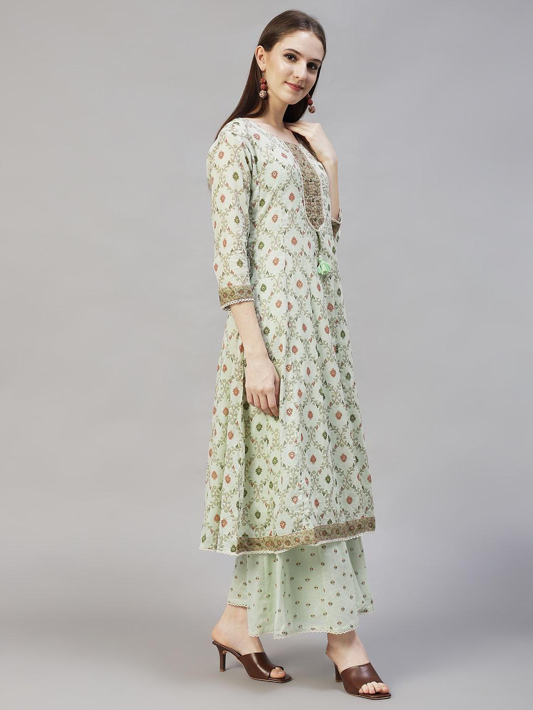 Floral Printed & Embroidered Anarkali Kurta with Sharara & Dupatta - Pastel Green - Indiakreations