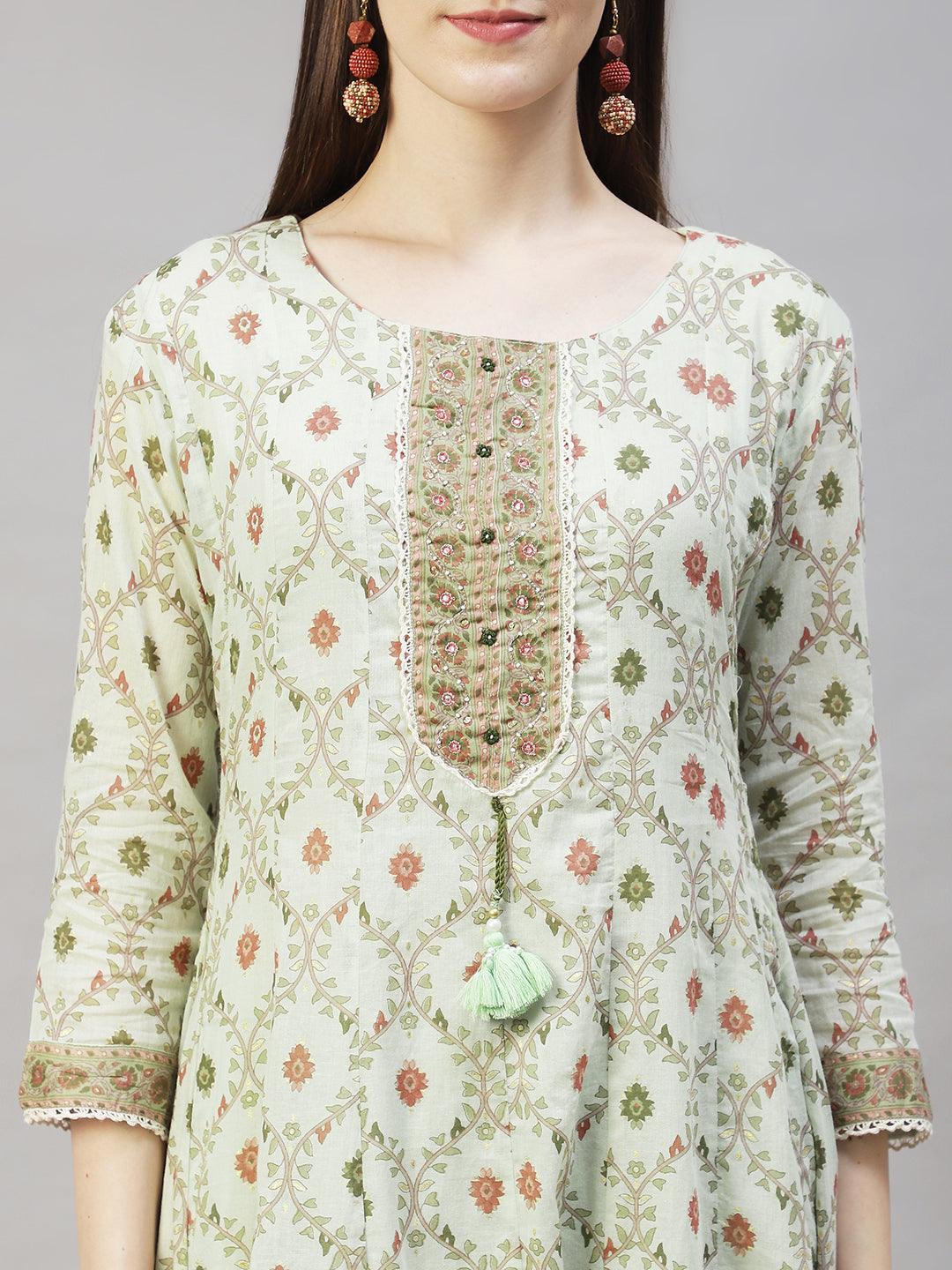 Floral Printed & Embroidered Anarkali Kurta with Sharara & Dupatta - Pastel Green - Indiakreations