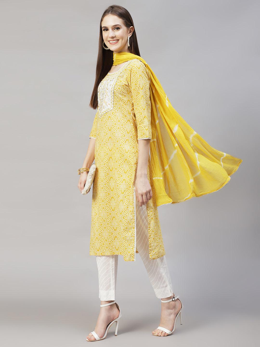 Bandhani Printed & Embroidered Kurta with Pants & Dupatta – Yellow - Indiakreations