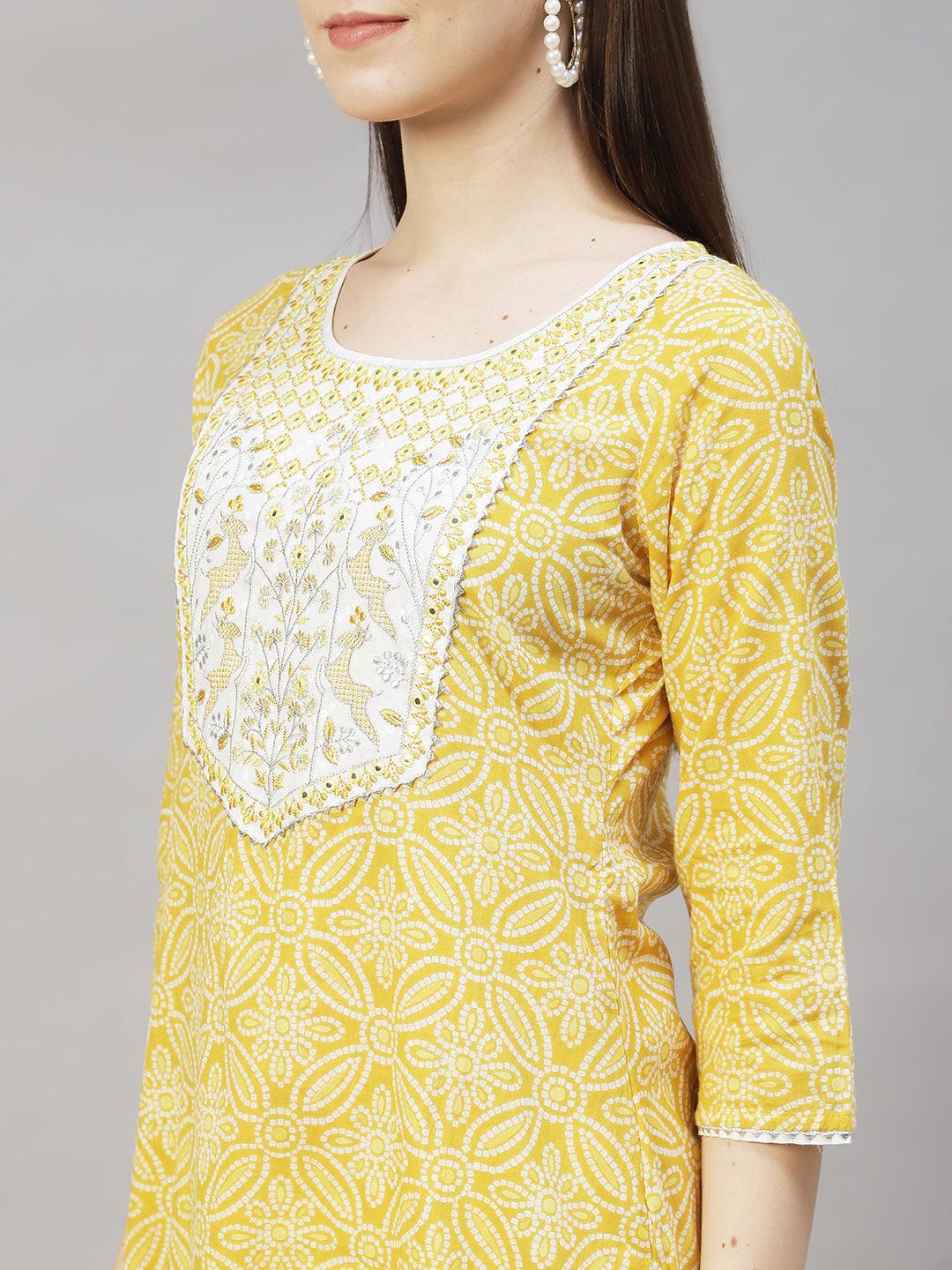 Bandhani Printed & Embroidered Kurta with Pants & Dupatta – Yellow - Indiakreations