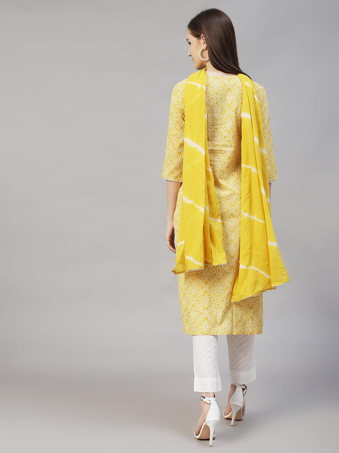 Bandhani Printed & Embroidered Kurta with Pants & Dupatta – Yellow - Indiakreations