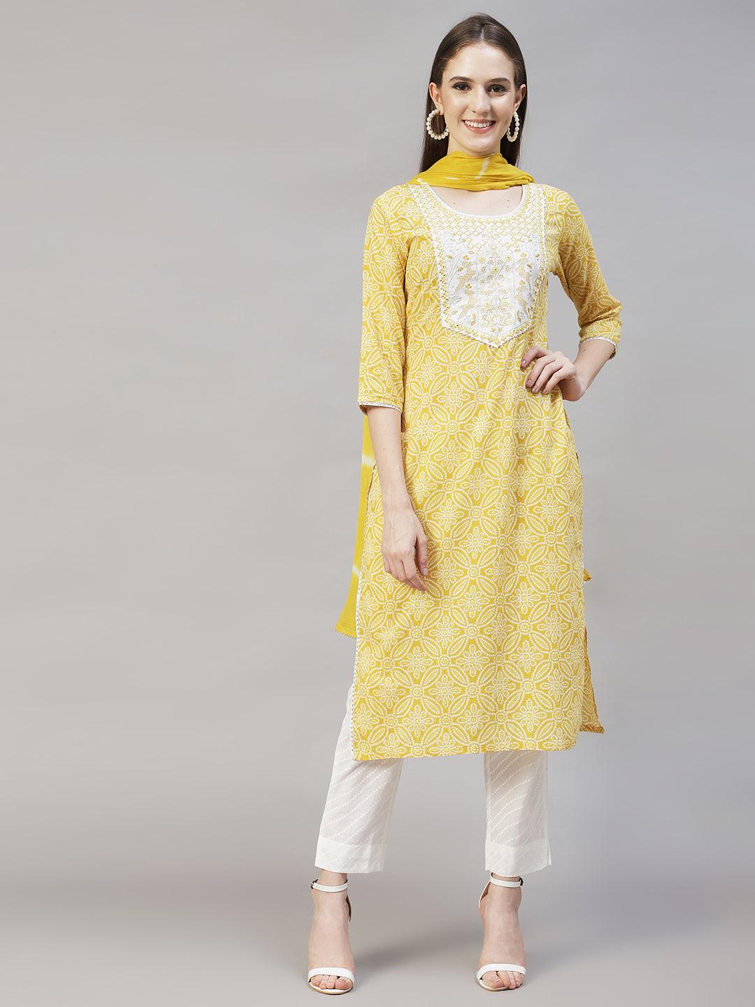 Bandhani Printed & Embroidered Kurta with Pants & Dupatta – Yellow - Indiakreations