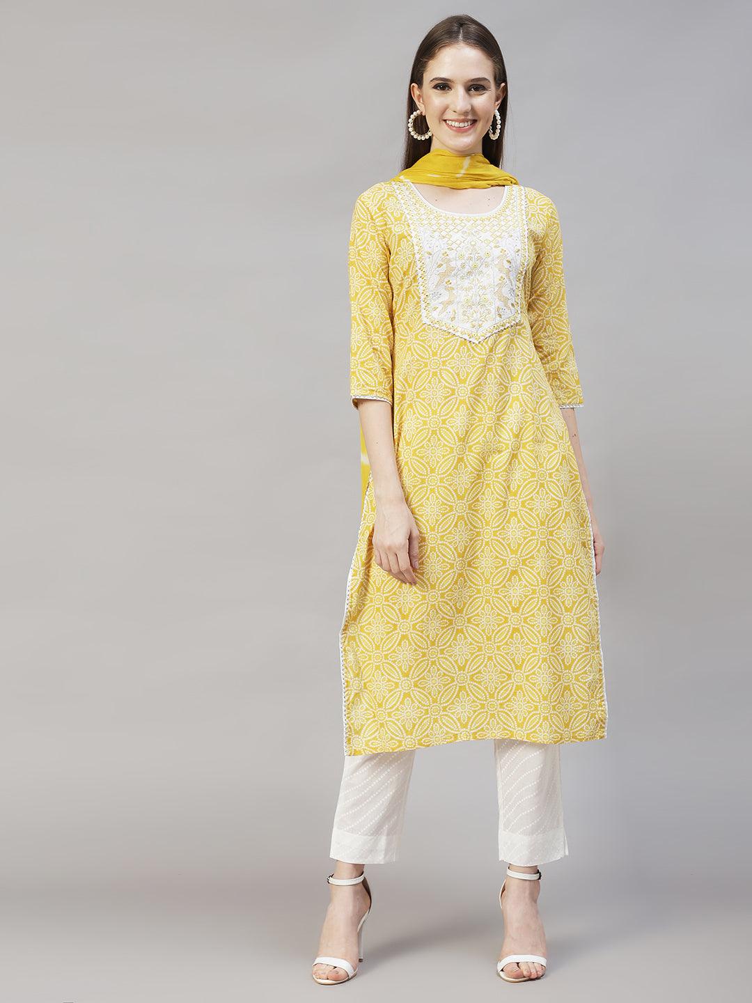 Bandhani Printed & Embroidered Kurta with Pants & Dupatta – Yellow - Indiakreations