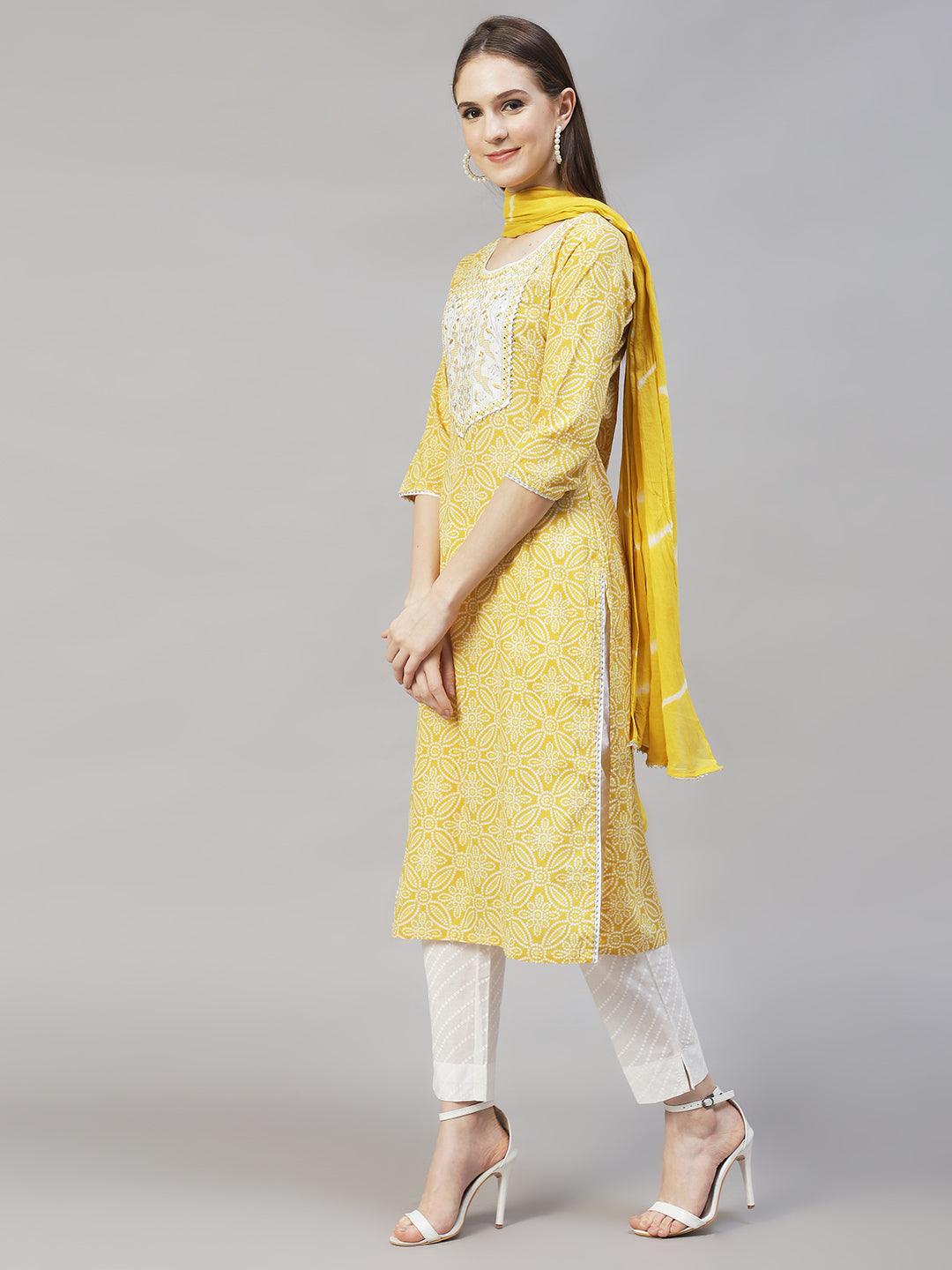 Bandhani Printed & Embroidered Kurta with Pants & Dupatta – Yellow - Indiakreations