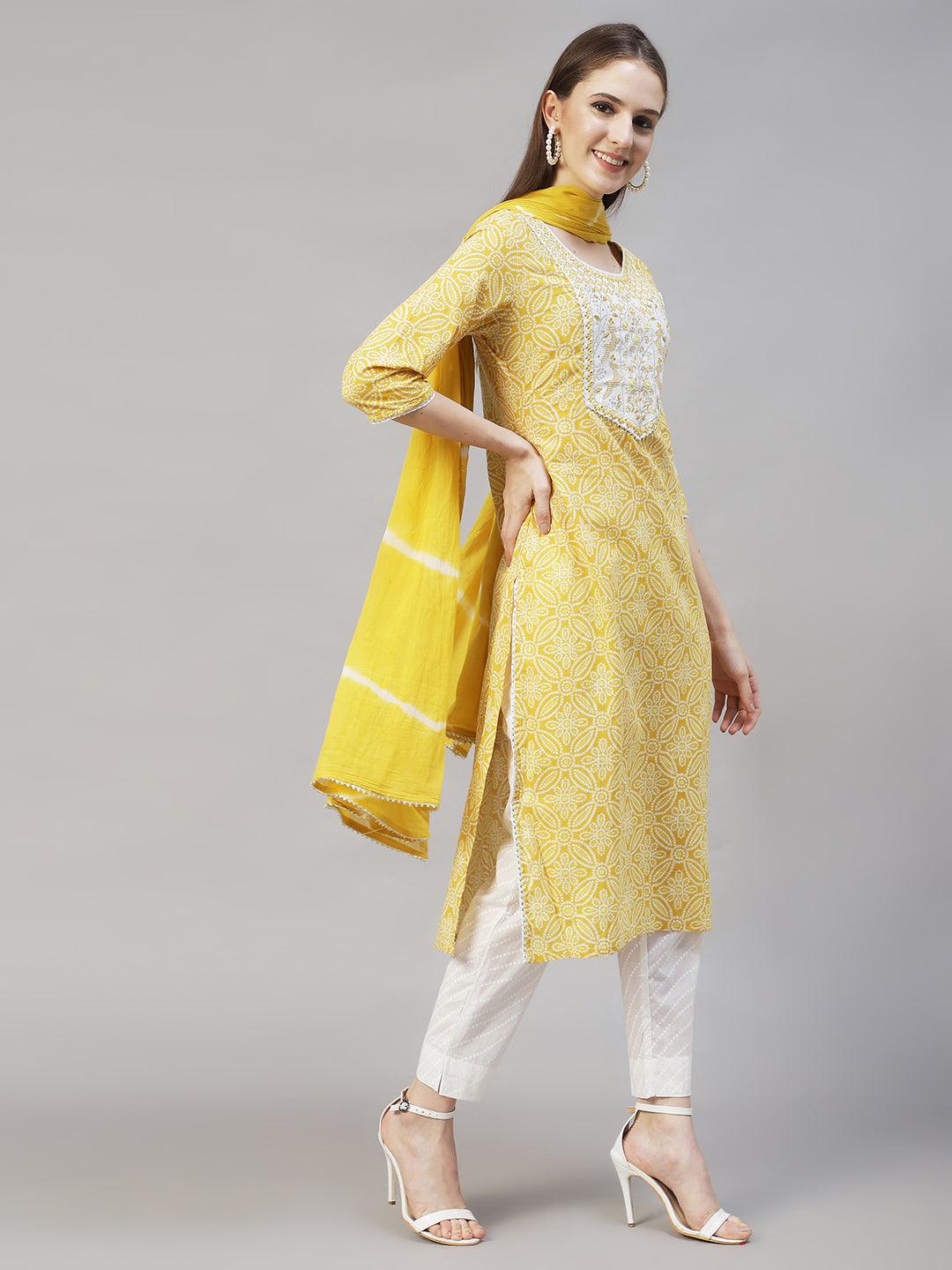 Bandhani Printed & Embroidered Kurta with Pants & Dupatta – Yellow - Indiakreations