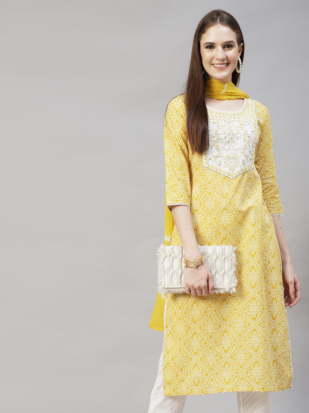 Bandhani Printed & Embroidered Kurta with Pants & Dupatta – Yellow - Indiakreations