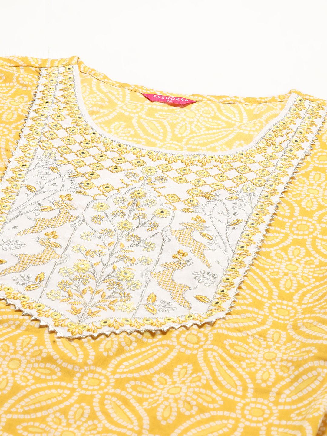 Bandhani Printed & Embroidered Kurta with Pants & Dupatta – Yellow - Indiakreations