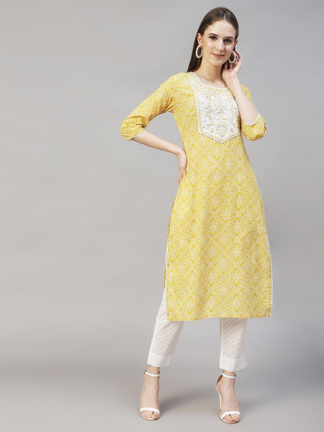 Bandhani Printed & Embroidered Kurta with Pants & Dupatta – Yellow - Indiakreations