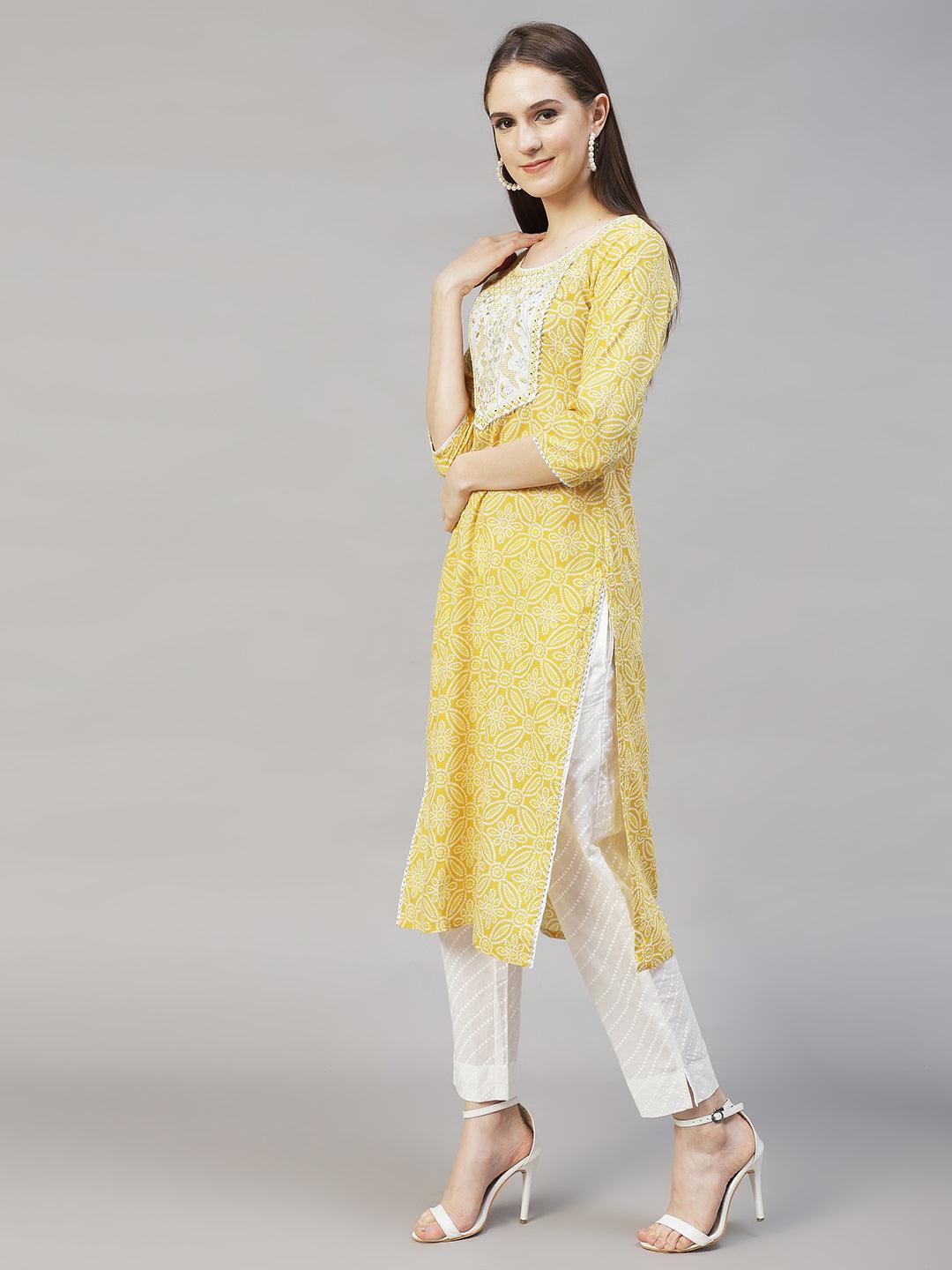 Bandhani Printed & Embroidered Kurta with Pants & Dupatta – Yellow - Indiakreations