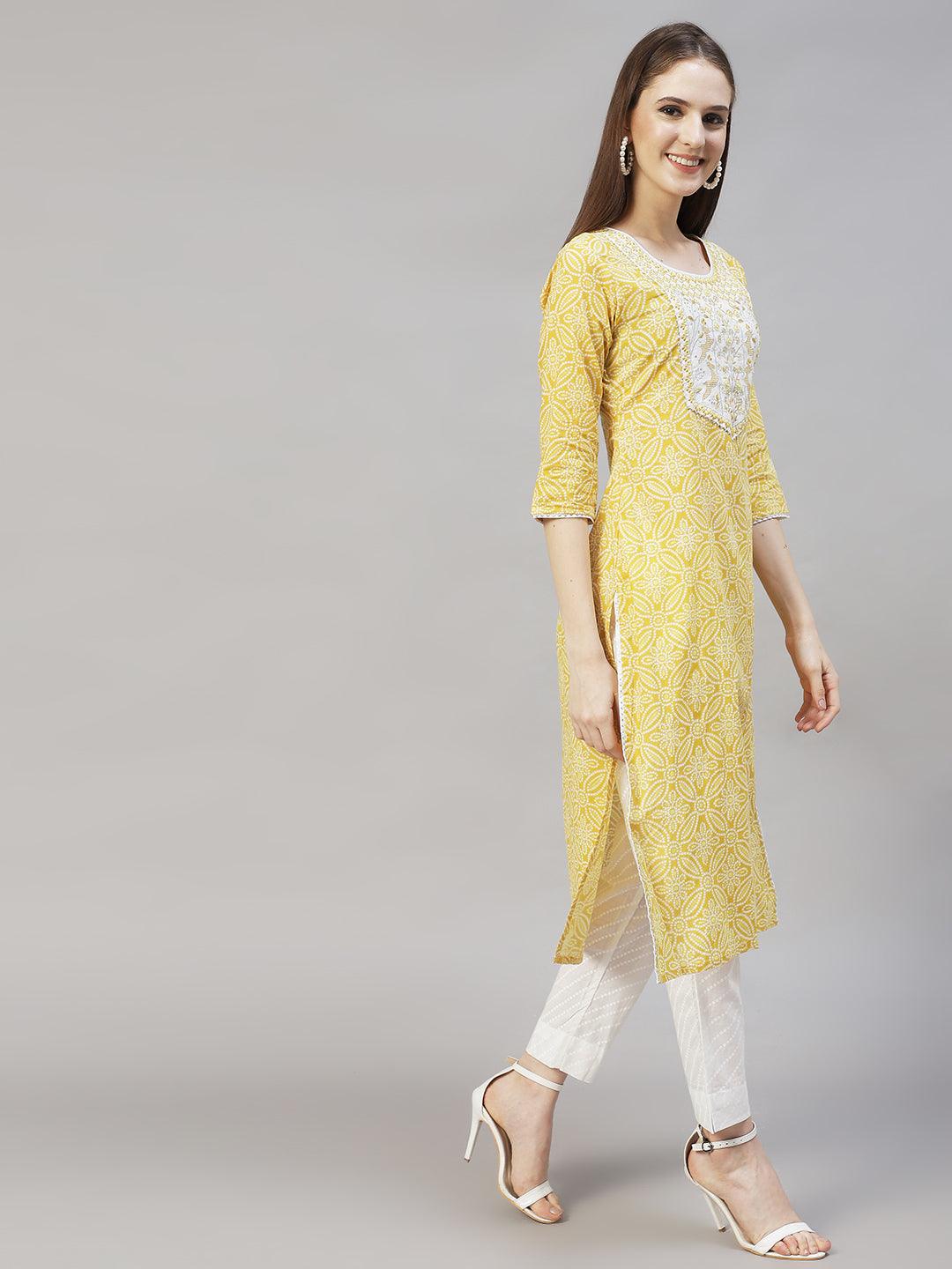 Bandhani Printed & Embroidered Kurta with Pants & Dupatta – Yellow - Indiakreations