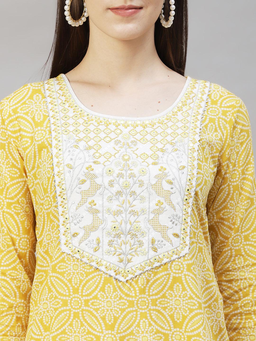 Bandhani Printed & Embroidered Kurta with Pants & Dupatta – Yellow - Indiakreations