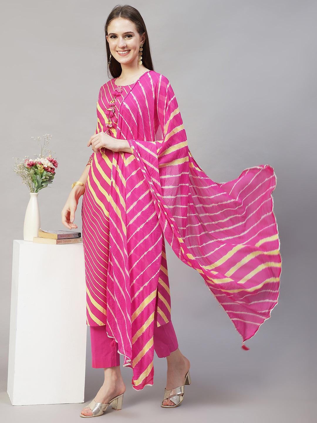 Stripes Printed & Embroidered Straight Fit Kurta with Pants & Dupatta - Hot Pink - Indiakreations