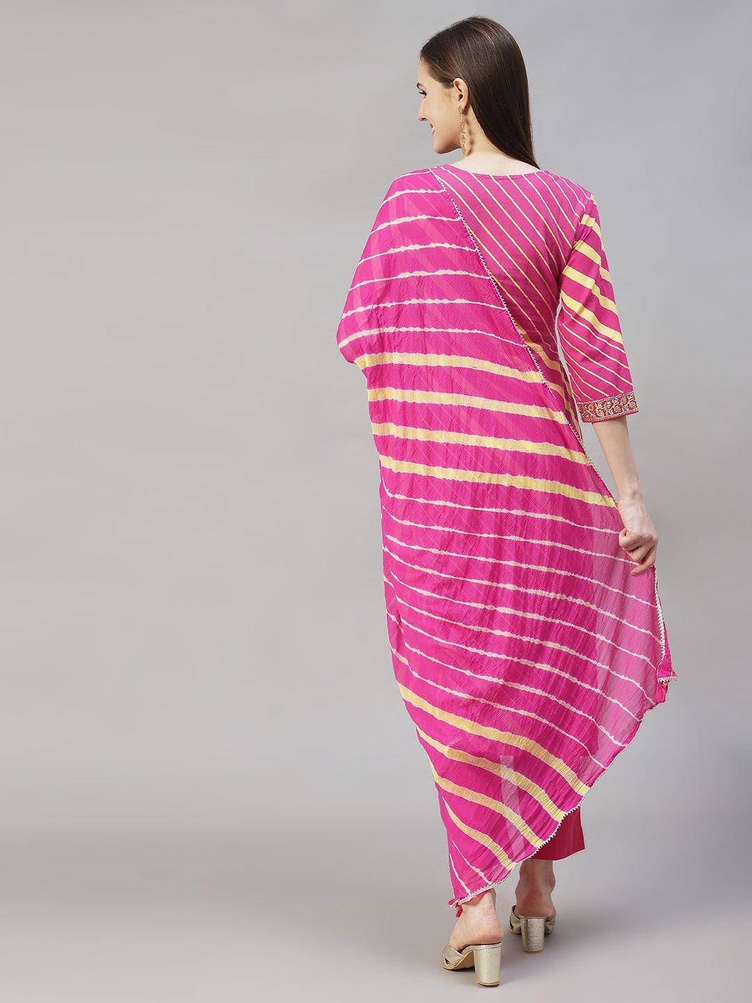 Stripes Printed & Embroidered Straight Fit Kurta with Pants & Dupatta - Hot Pink - Indiakreations