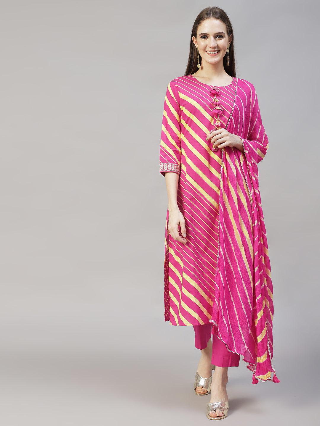 Stripes Printed & Embroidered Straight Fit Kurta with Pants & Dupatta - Hot Pink - Indiakreations