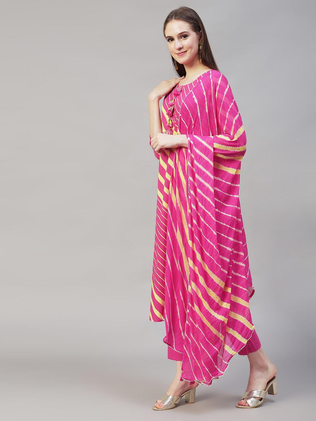 Stripes Printed & Embroidered Straight Fit Kurta with Pants & Dupatta - Hot Pink - Indiakreations