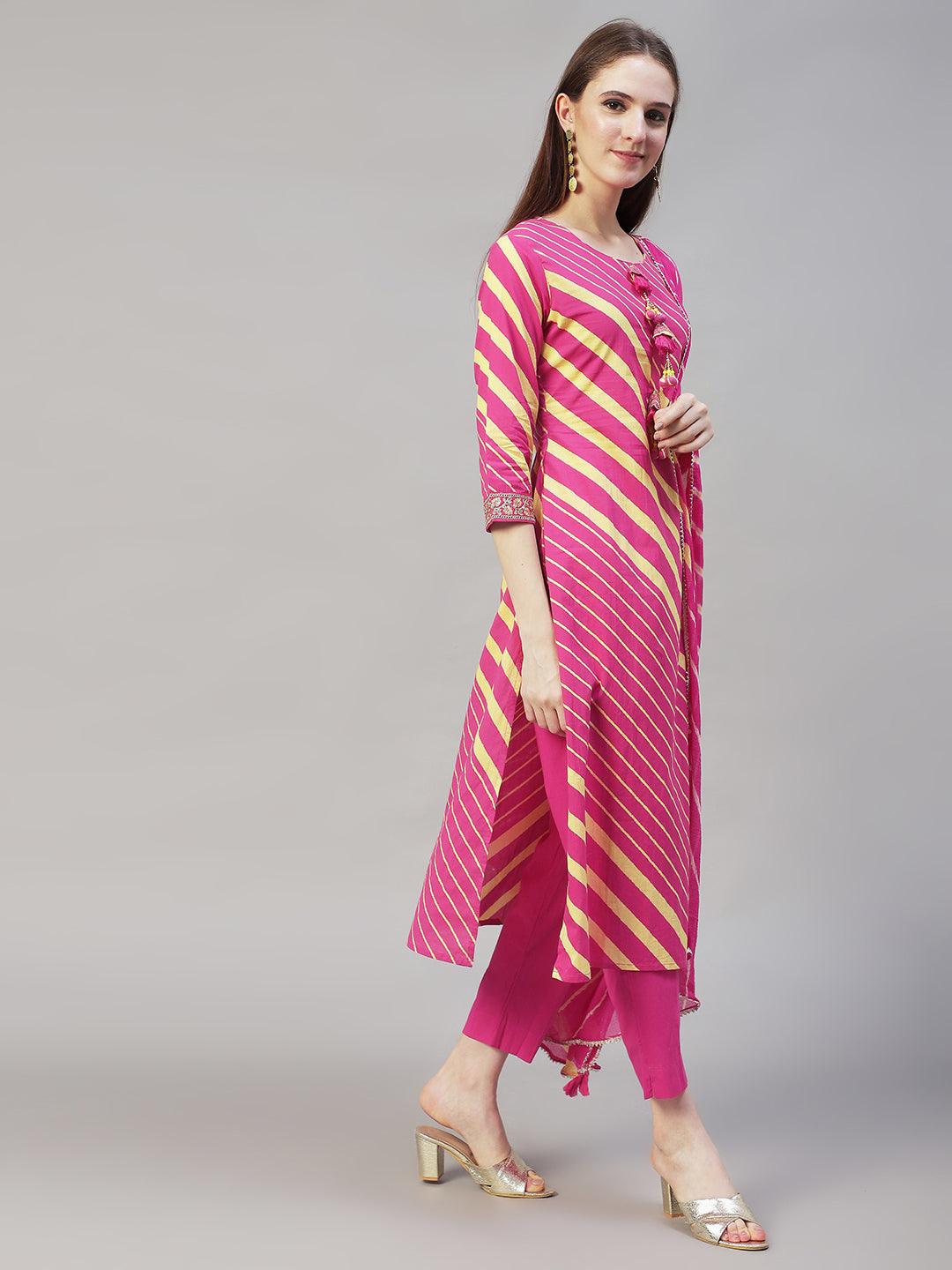 Stripes Printed & Embroidered Straight Fit Kurta with Pants & Dupatta - Hot Pink - Indiakreations