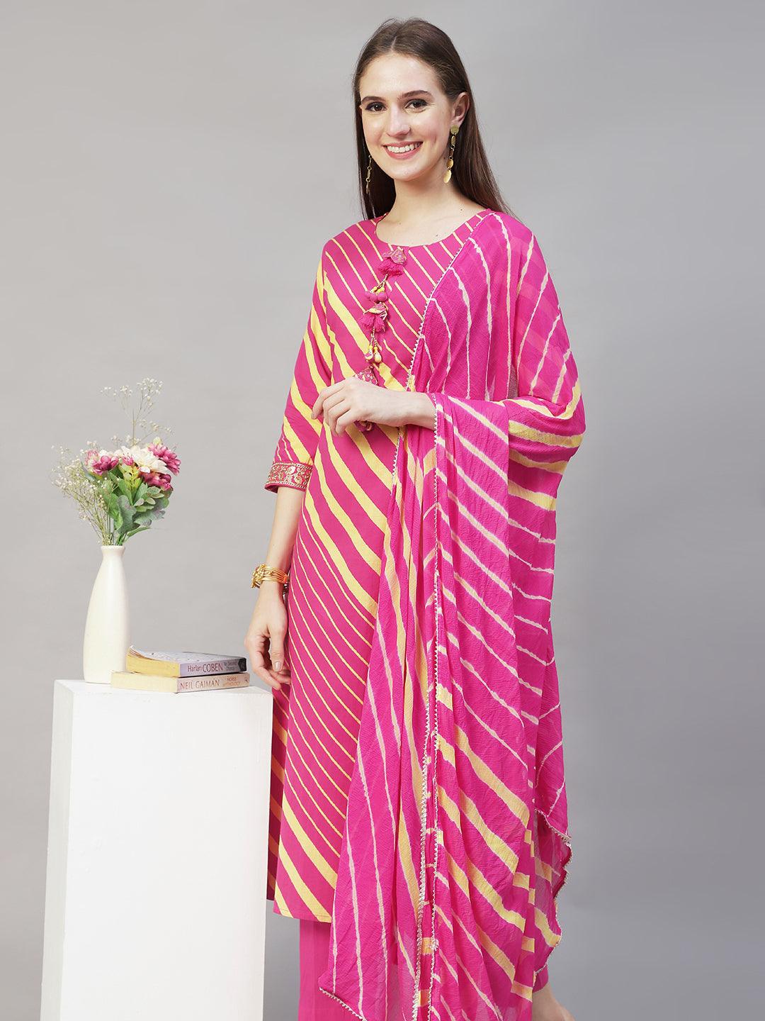 Stripes Printed & Embroidered Straight Fit Kurta with Pants & Dupatta - Hot Pink - Indiakreations