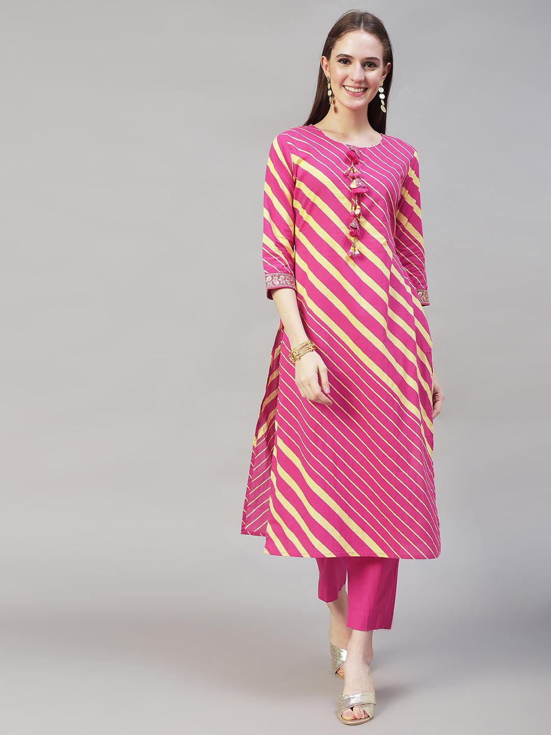 Stripes Printed & Embroidered Straight Fit Kurta with Pants & Dupatta - Hot Pink - Indiakreations