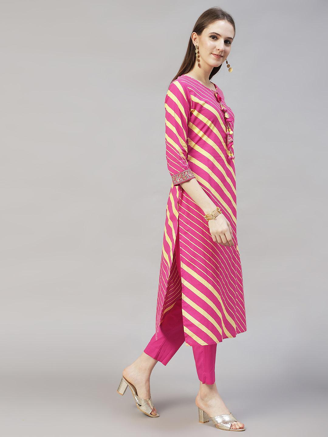 Stripes Printed & Embroidered Straight Fit Kurta with Pants & Dupatta - Hot Pink - Indiakreations