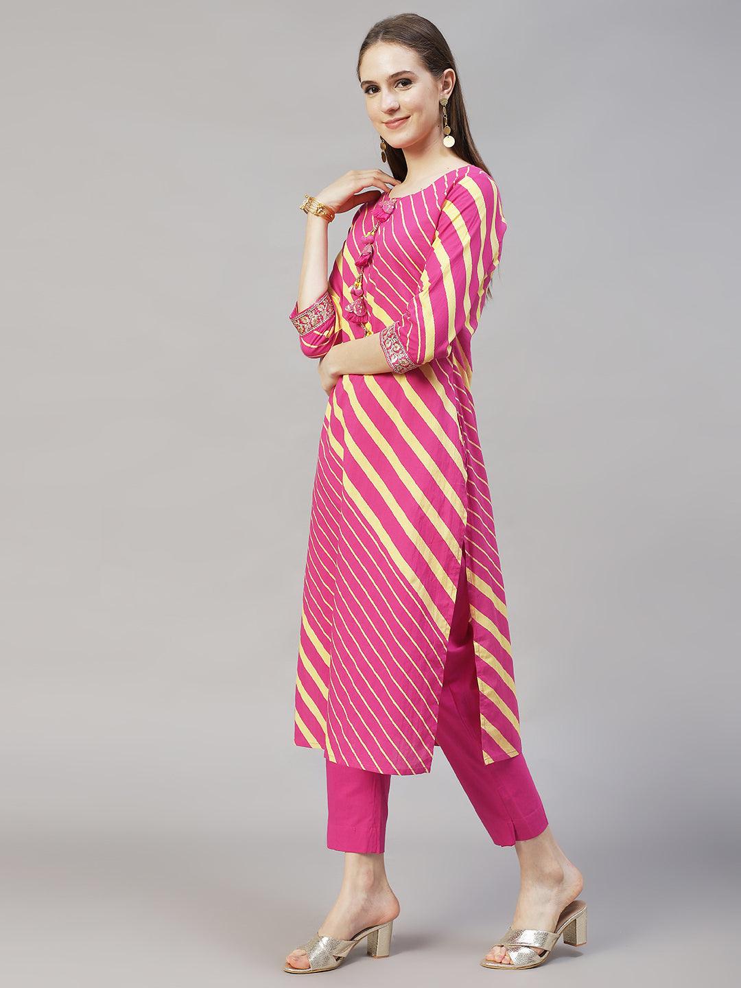 Stripes Printed & Embroidered Straight Fit Kurta with Pants & Dupatta - Hot Pink - Indiakreations