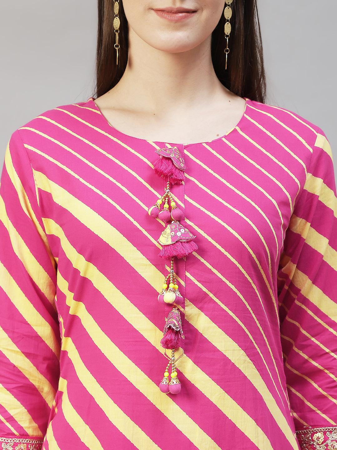 Stripes Printed & Embroidered Straight Fit Kurta with Pants & Dupatta - Hot Pink - Indiakreations