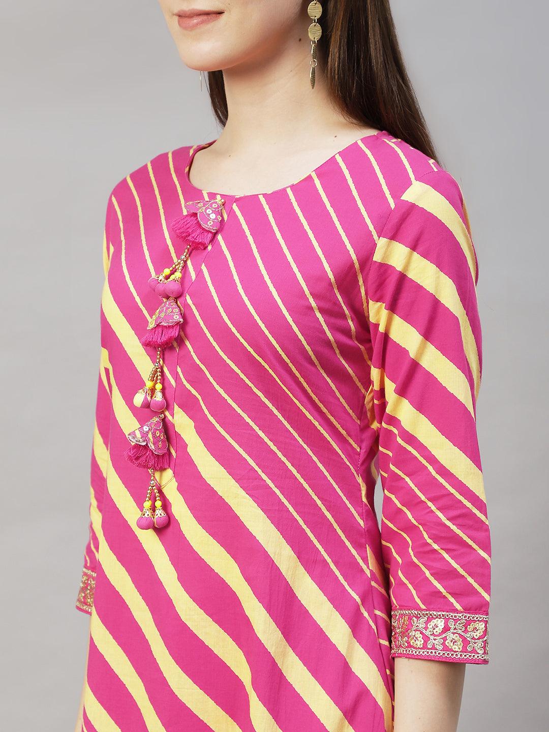 Stripes Printed & Embroidered Straight Fit Kurta with Pants & Dupatta - Hot Pink - Indiakreations