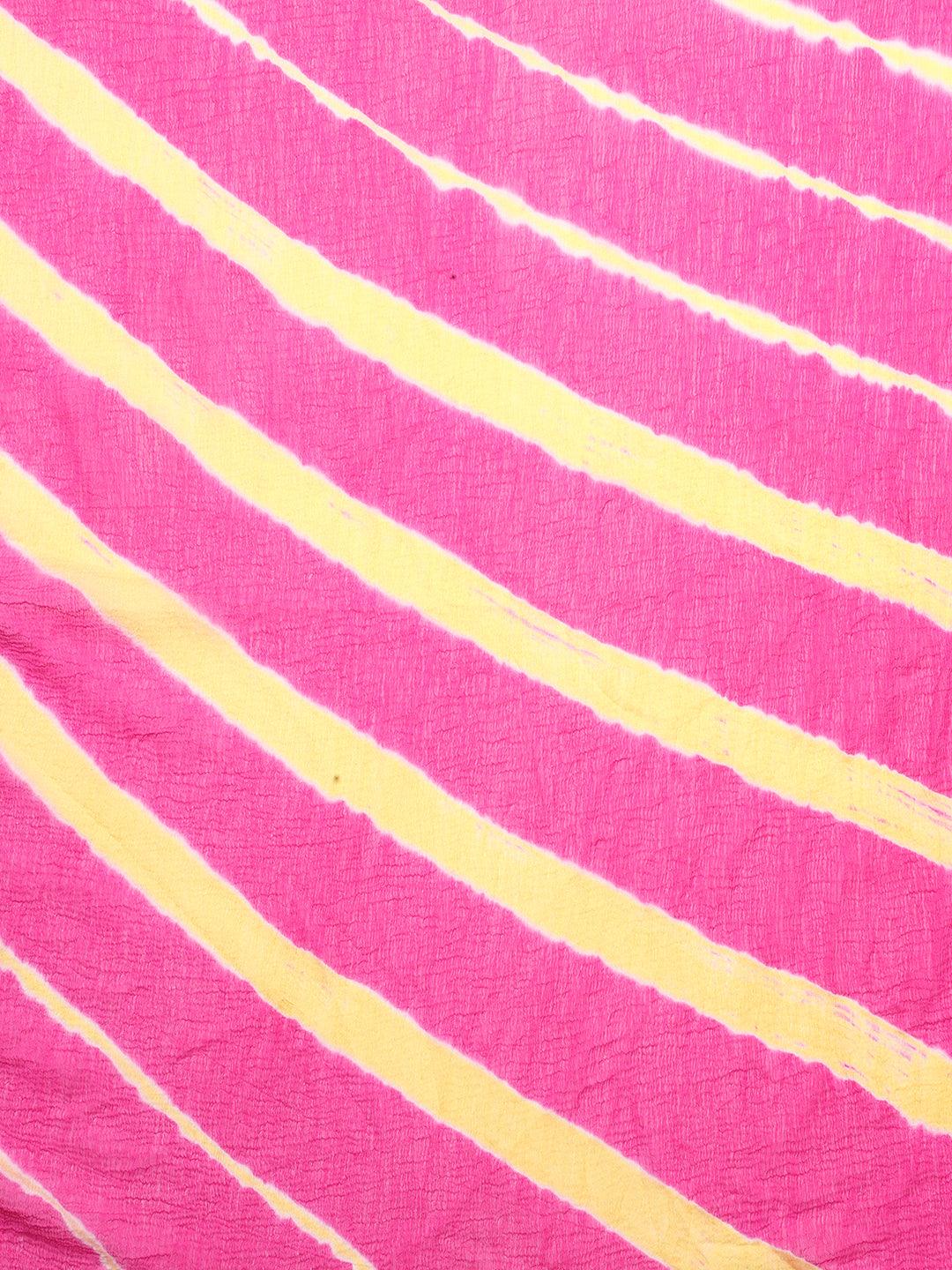 Stripes Printed & Embroidered Straight Fit Kurta with Pants & Dupatta - Hot Pink - Indiakreations