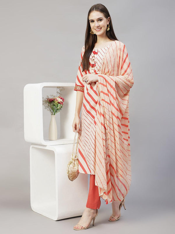 Stripes Printed & Embroidered Straight Fit Kurta with Pants & Dupatta - Cream - Indiakreations