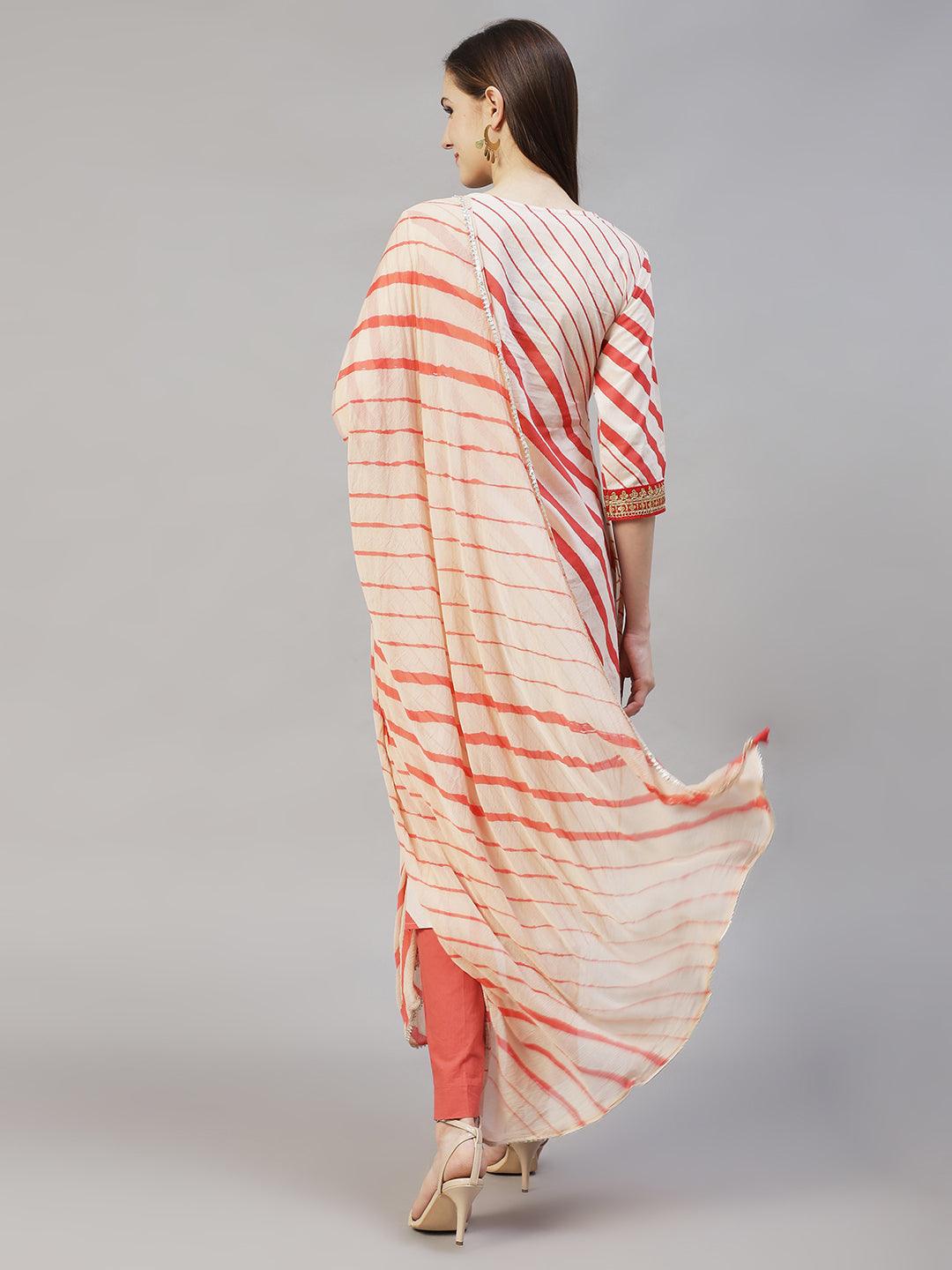 Stripes Printed & Embroidered Straight Fit Kurta with Pants & Dupatta - Cream - Indiakreations