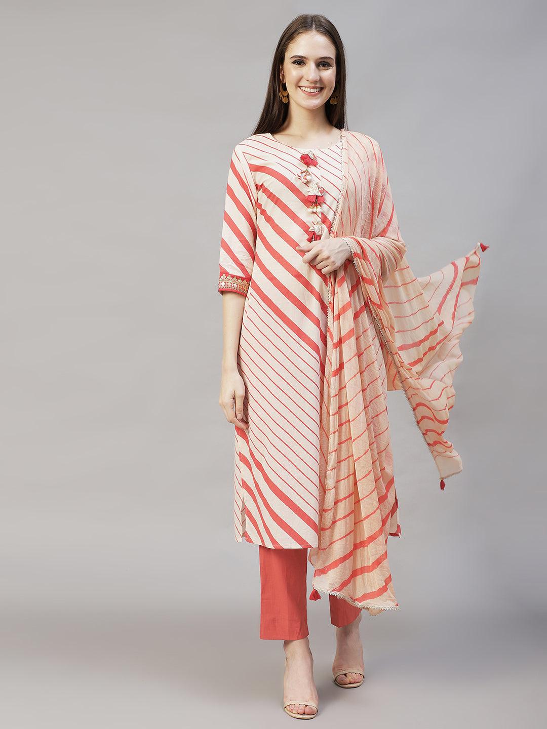 Stripes Printed & Embroidered Straight Fit Kurta with Pants & Dupatta - Cream - Indiakreations