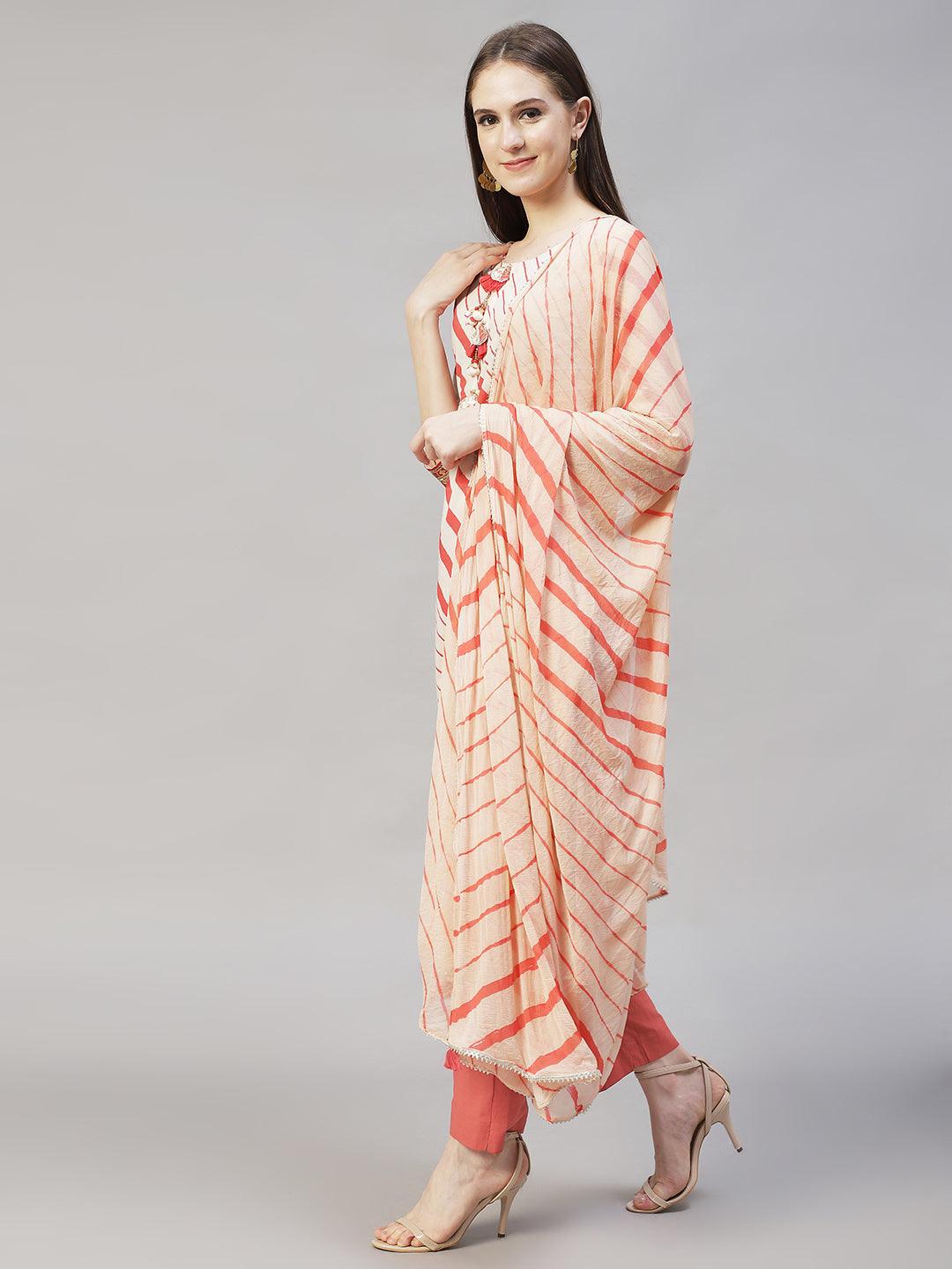 Stripes Printed & Embroidered Straight Fit Kurta with Pants & Dupatta - Cream - Indiakreations