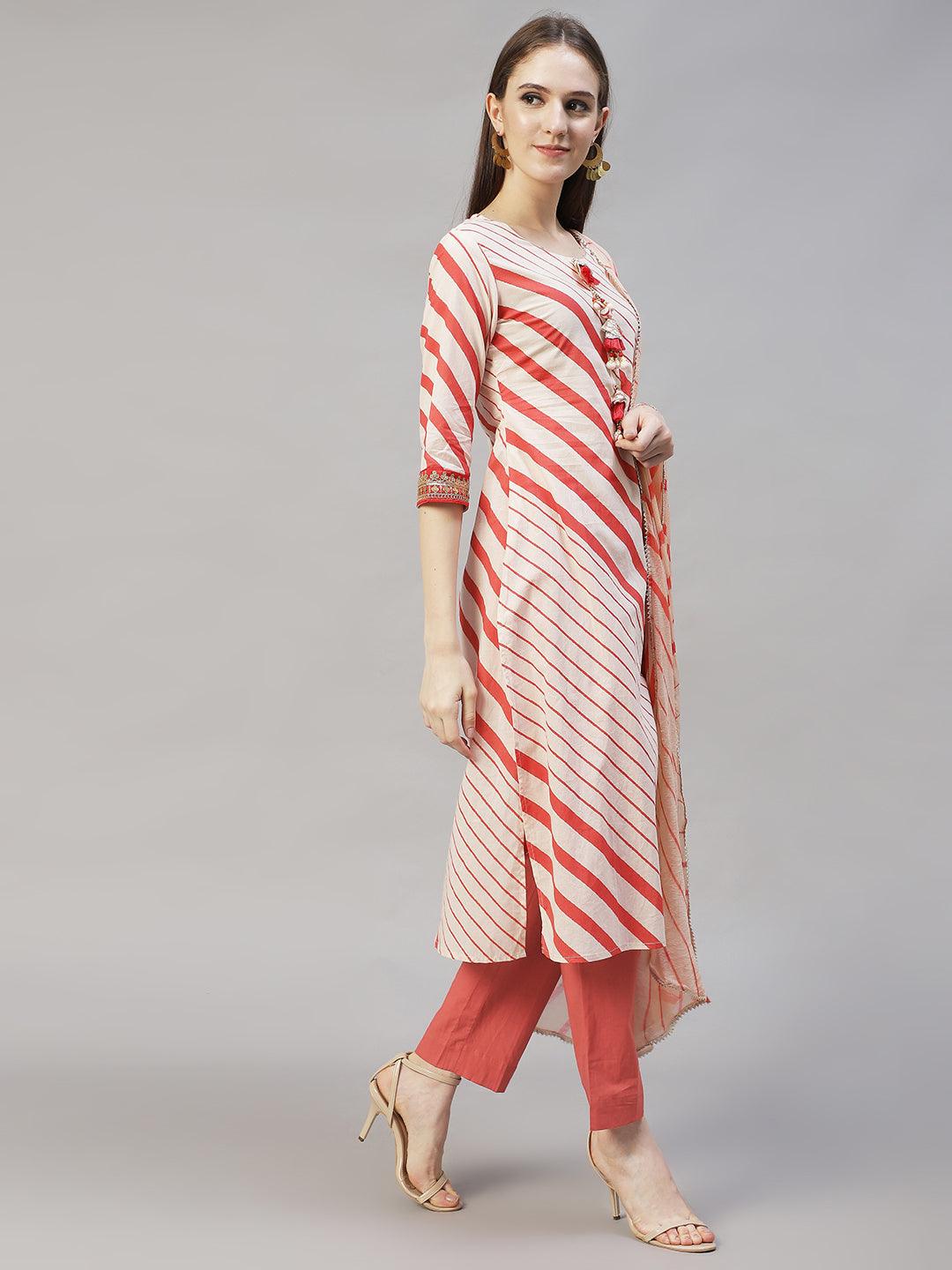 Stripes Printed & Embroidered Straight Fit Kurta with Pants & Dupatta - Cream - Indiakreations