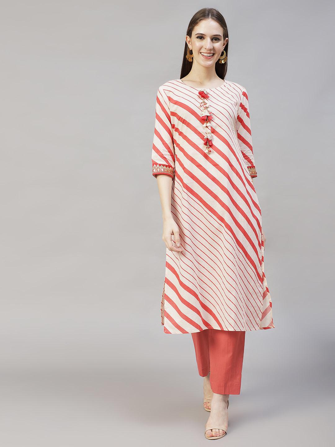 Stripes Printed & Embroidered Straight Fit Kurta with Pants & Dupatta - Cream - Indiakreations