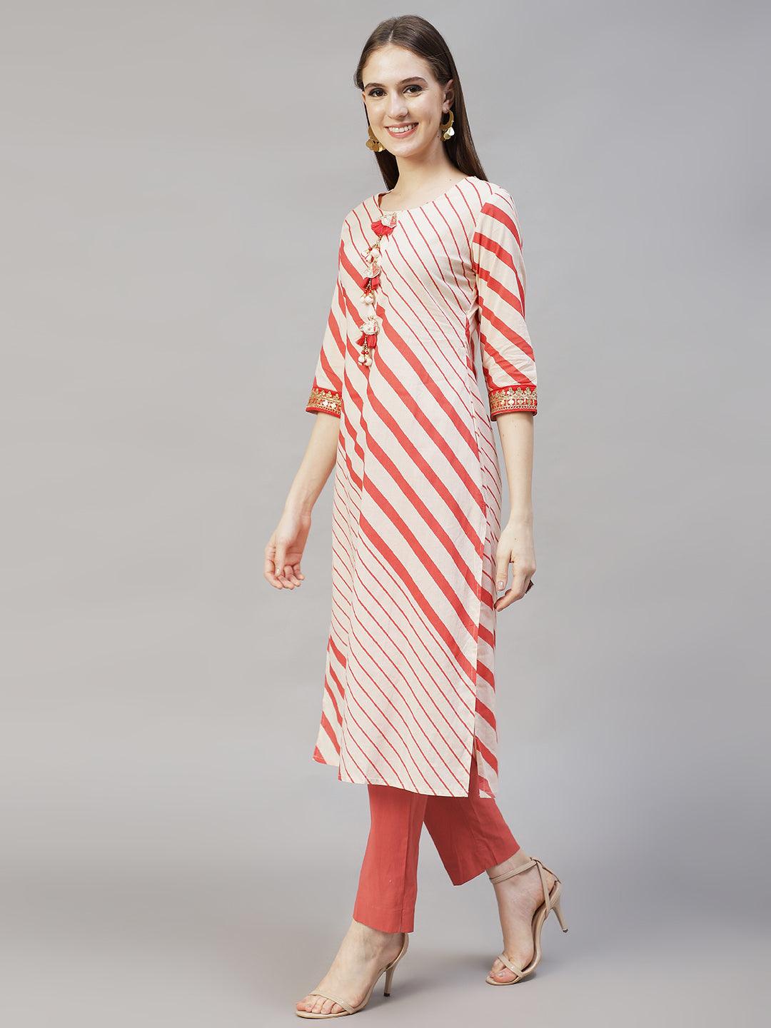 Stripes Printed & Embroidered Straight Fit Kurta with Pants & Dupatta - Cream - Indiakreations