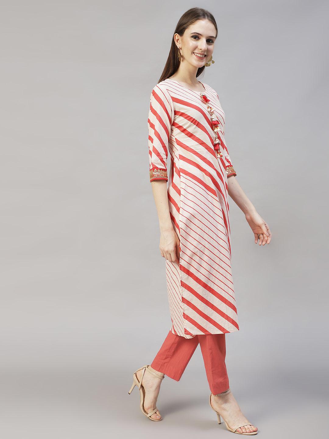 Stripes Printed & Embroidered Straight Fit Kurta with Pants & Dupatta - Cream - Indiakreations