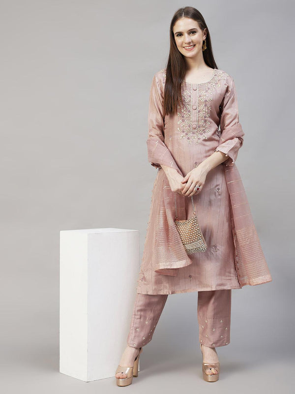 Ethnic Hand Embroidered Straight Kurta with Pants & Dupatta - Old Rose Pink - Indiakreations