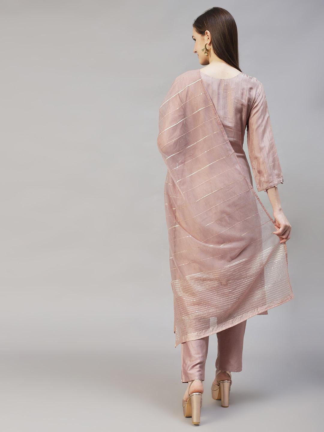 Ethnic Hand Embroidered Straight Kurta with Pants & Dupatta - Old Rose Pink - Indiakreations