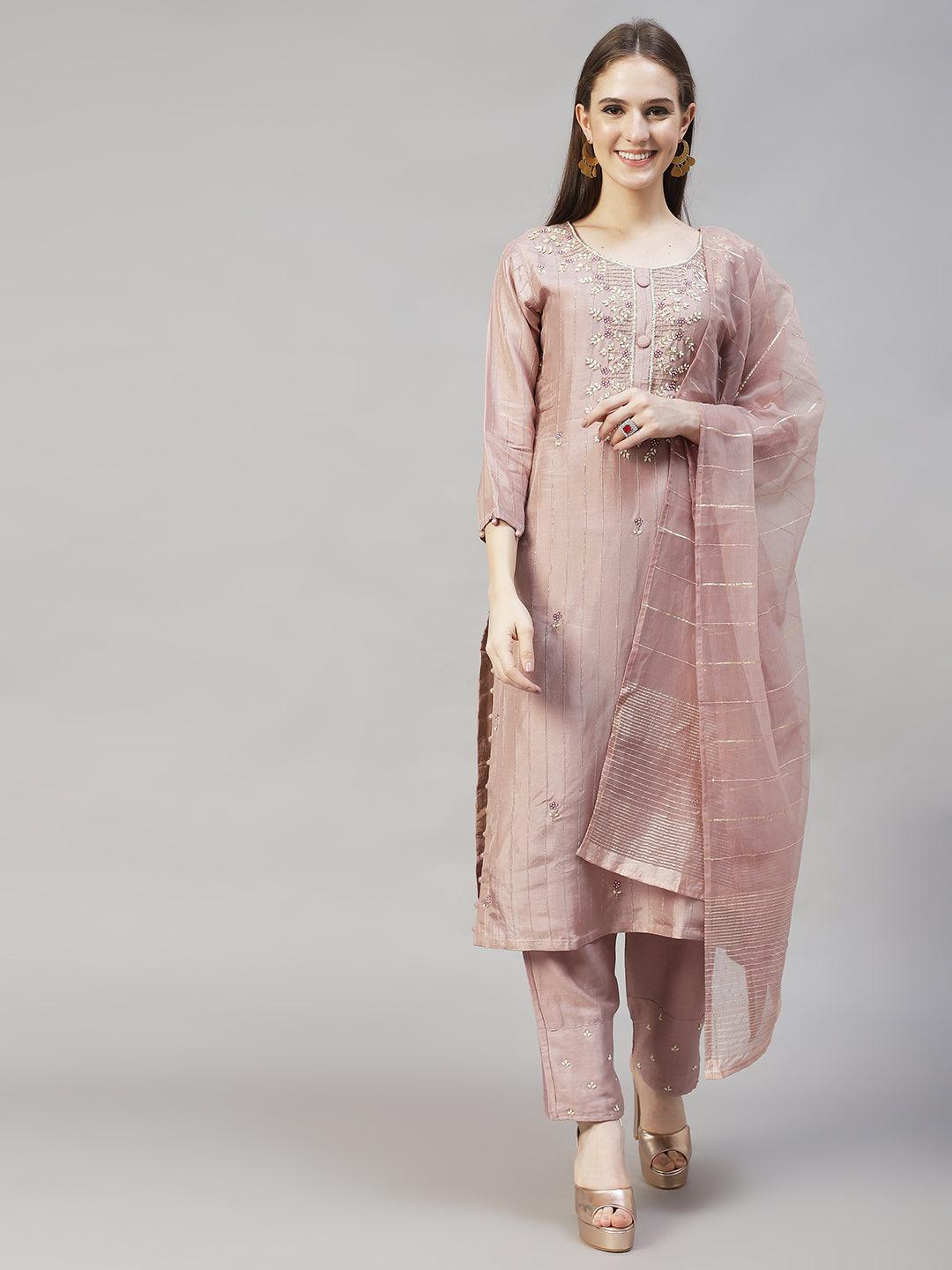 Ethnic Hand Embroidered Straight Kurta with Pants & Dupatta - Old Rose Pink - Indiakreations