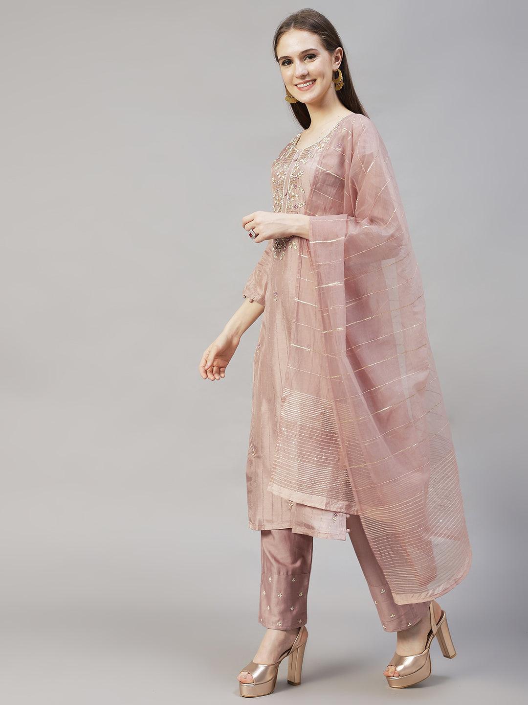 Ethnic Hand Embroidered Straight Kurta with Pants & Dupatta - Old Rose Pink - Indiakreations