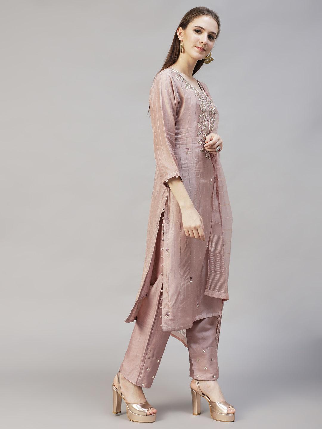 Ethnic Hand Embroidered Straight Kurta with Pants & Dupatta - Old Rose Pink - Indiakreations